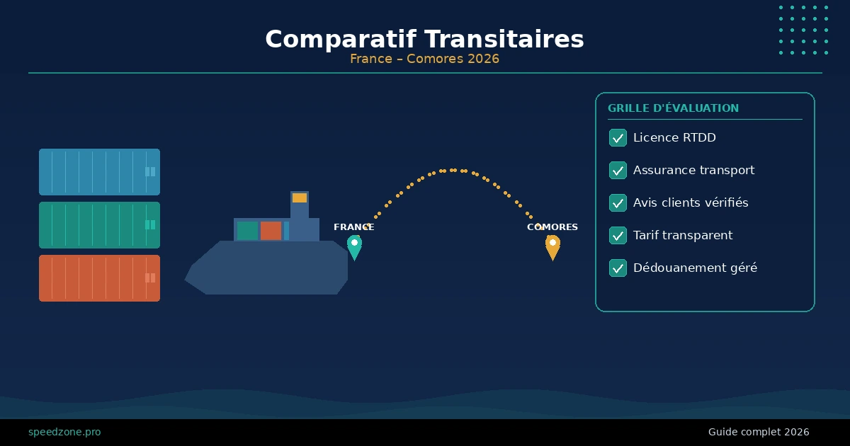 Grille d'évaluation pour comparer les transitaires maritimes France-Comores : licence, assurance, avis, tarifs