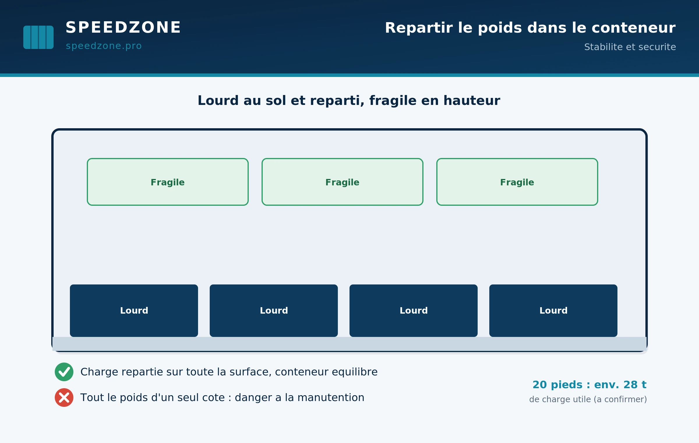 Répartition du poids des matériaux dans un conteneur 20 pieds